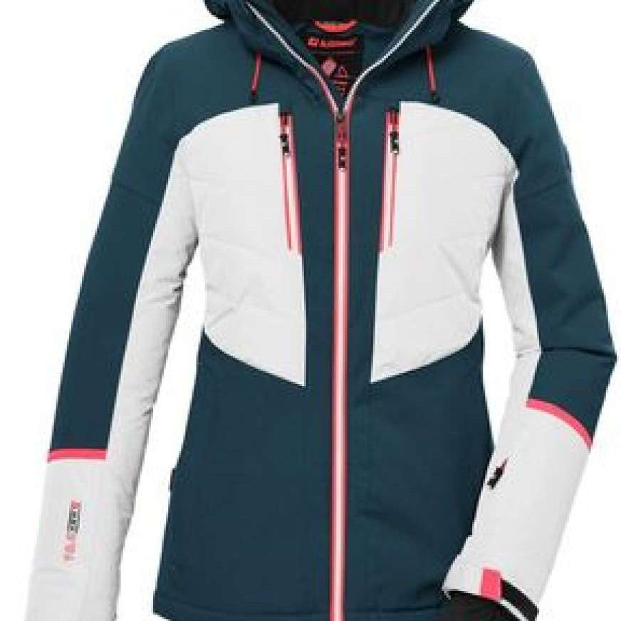 Killtec Ladies KSW 87 Insulated Jacket 2024 - A navy blue and white insulated jacket with a hood, featuring two zippered pockets on the front.