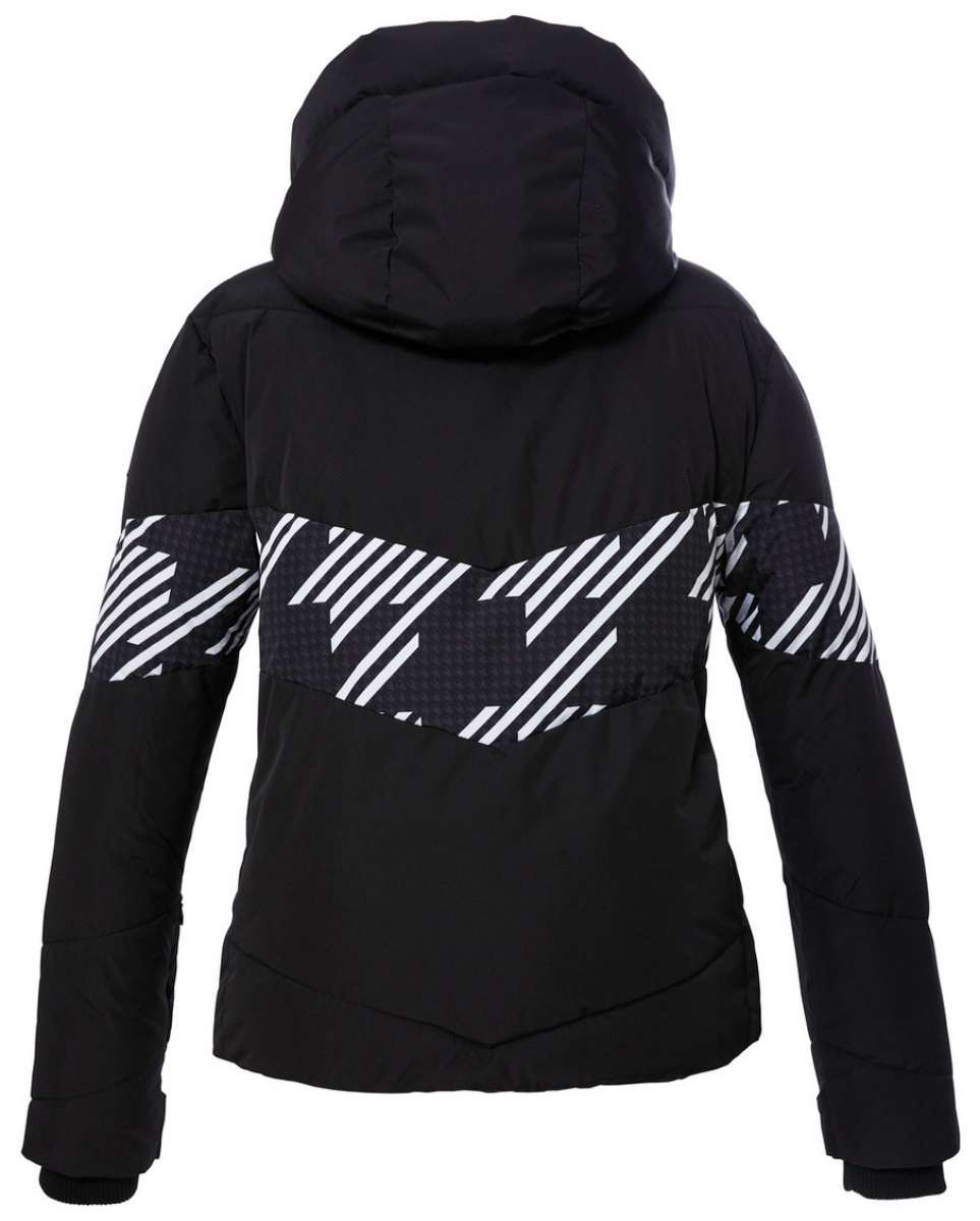 Killtec Ladies KWS 62 Quilted Jacket 2024 - Black quilted jacket with diagonal white stripes on chest and sleeves.