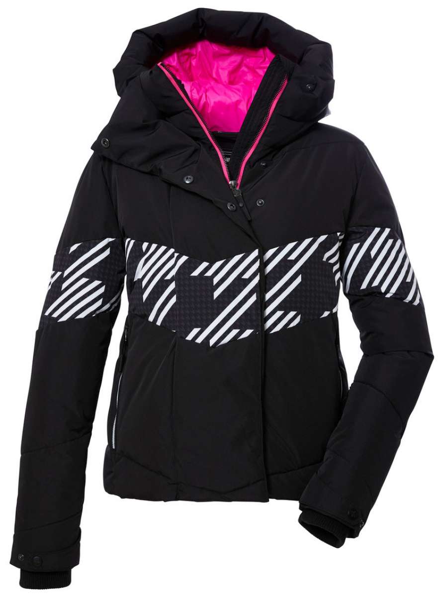Killtec Ladies KWS 62 Quilted Jacket 2024 - Black quilted jacket with white diagonal stripes on chest and sleeves, black zipper, and pink interior lining.