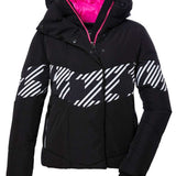 Killtec Ladies KWS 62 Quilted Jacket 2024 - Black quilted jacket with white diagonal stripes on chest and sleeves, black zipper, and pink interior lining.
