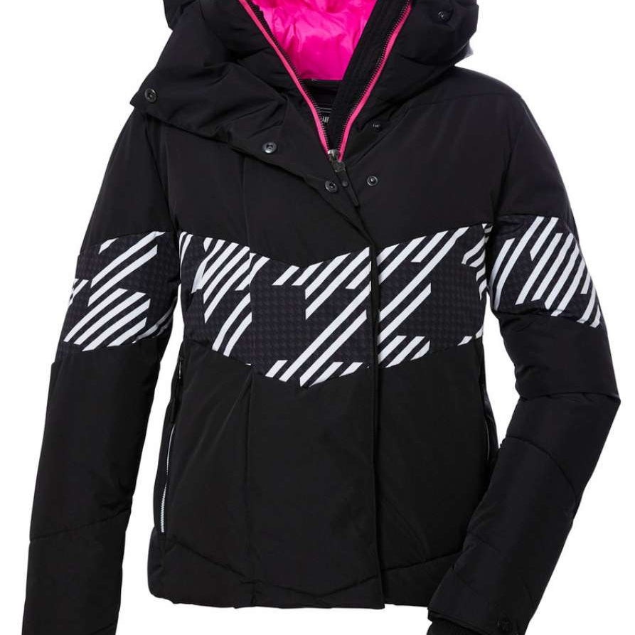 Killtec Ladies KWS 62 Quilted Jacket 2024 - Black quilted jacket with white diagonal stripes on chest and sleeves, black zipper, and pink interior lining.