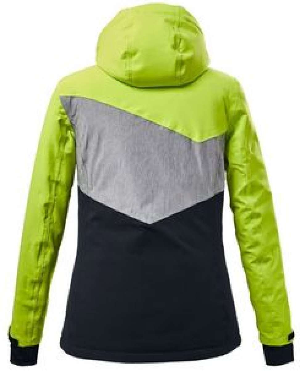 Killtec Ladies Lorene Insulated Jacket 2022 - A lime green, grey and black jacket with a hood, featuring a diagonal chevron pattern on the back in light grey and black.