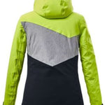 Killtec Ladies Lorene Insulated Jacket 2022 - A lime green, grey and black jacket with a hood, featuring a diagonal chevron pattern on the back in light grey and black.