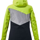Killtec Ladies Lorene Insulated Jacket 2022 - A lime green, grey and black jacket with a hood, featuring a diagonal chevron pattern on the back in light grey and black.