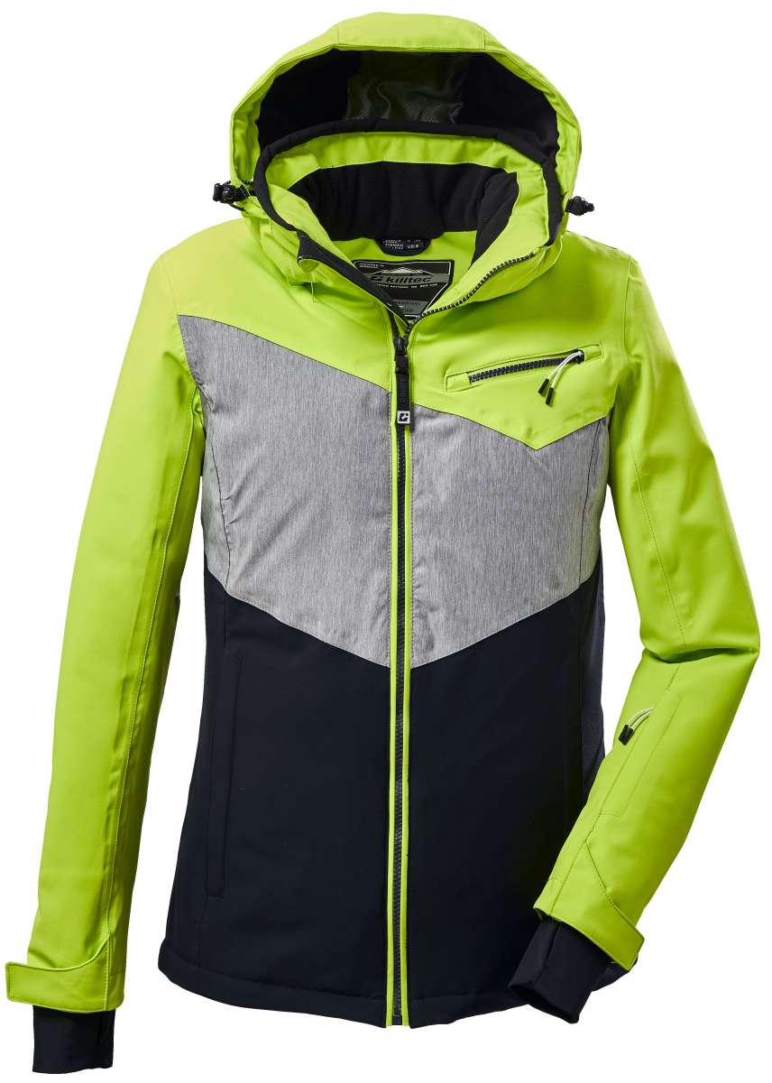 Killtec Ladies Lorene Insulated Jacket 2022 - A lime green and black jacket with a zippered chest pocket, featuring a hood and two front pockets.