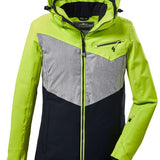 Killtec Ladies Lorene Insulated Jacket 2022 - A lime green and black jacket with a zippered chest pocket, featuring a hood and two front pockets.