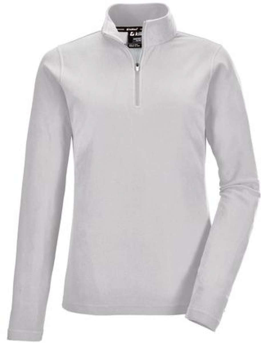 Killtec Women's Microfleece 1/4 Zip Shirt 2022 - A light grey quarter-zip fleece pullover with a collar and two zippered pockets on the front.