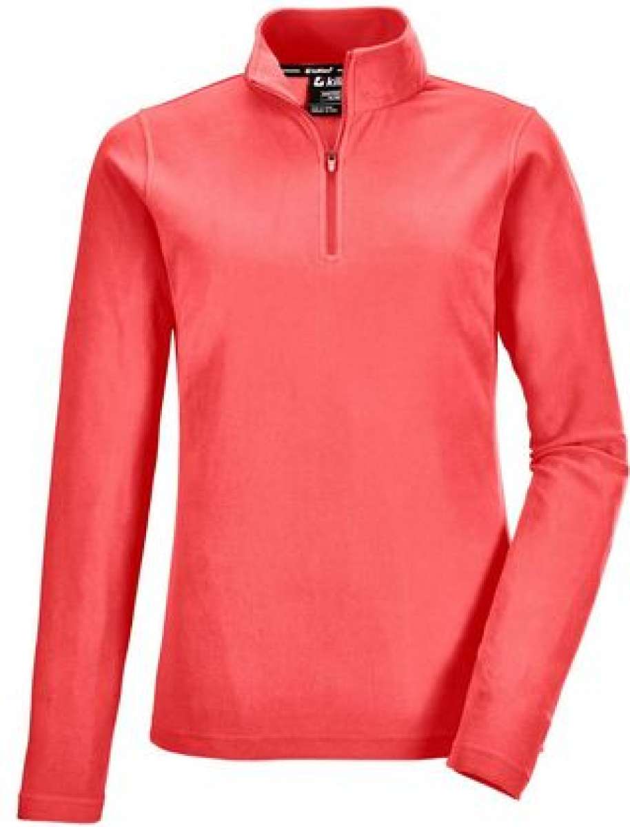 Killtec Women's Microfleece 1/4 Zip Shirt 2022 - A coral-colored, quarter-zip pullover with a collar and long sleeves.