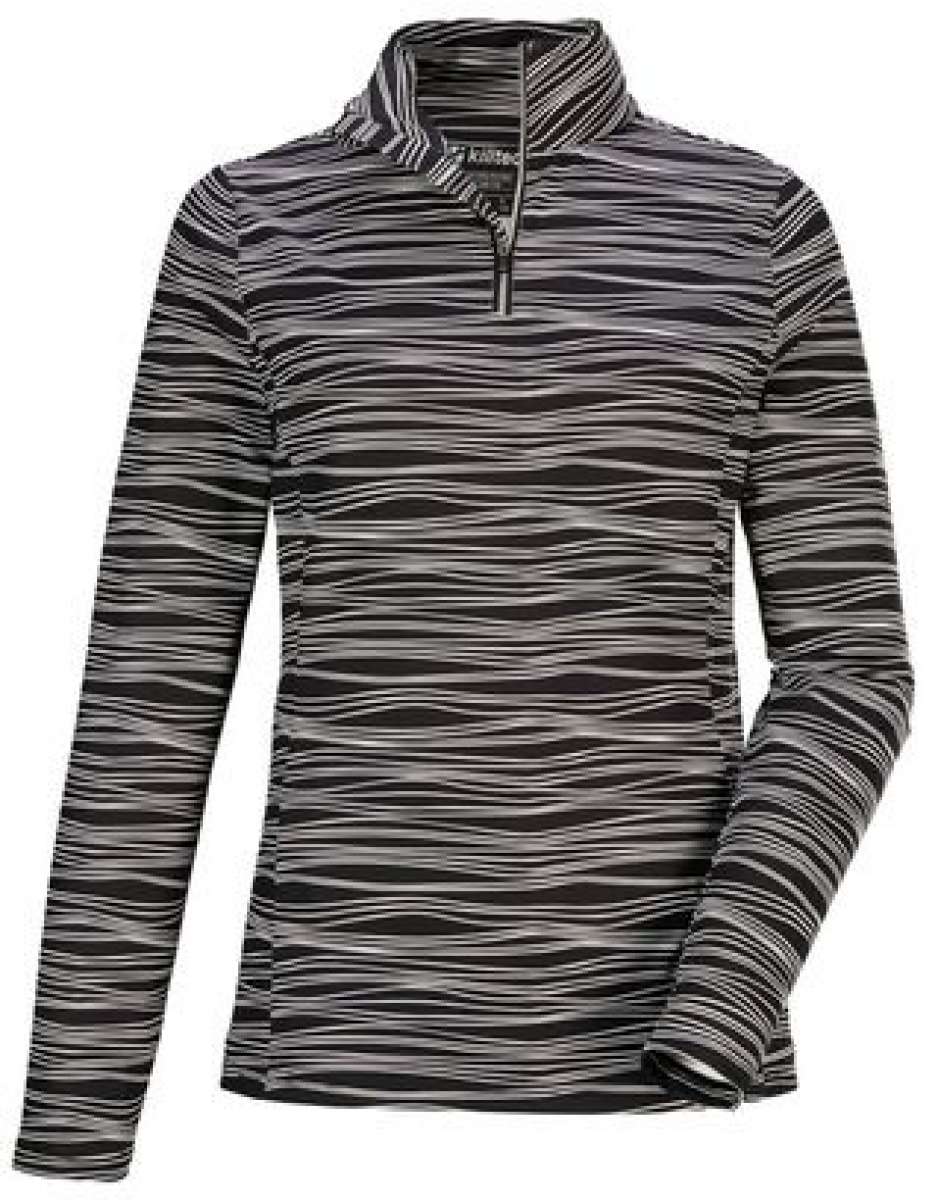 Killtec Ladies Powerstretch Print Shirt 2022 - A black and white striped shirt with a high collar, featuring a small zipper at the top.