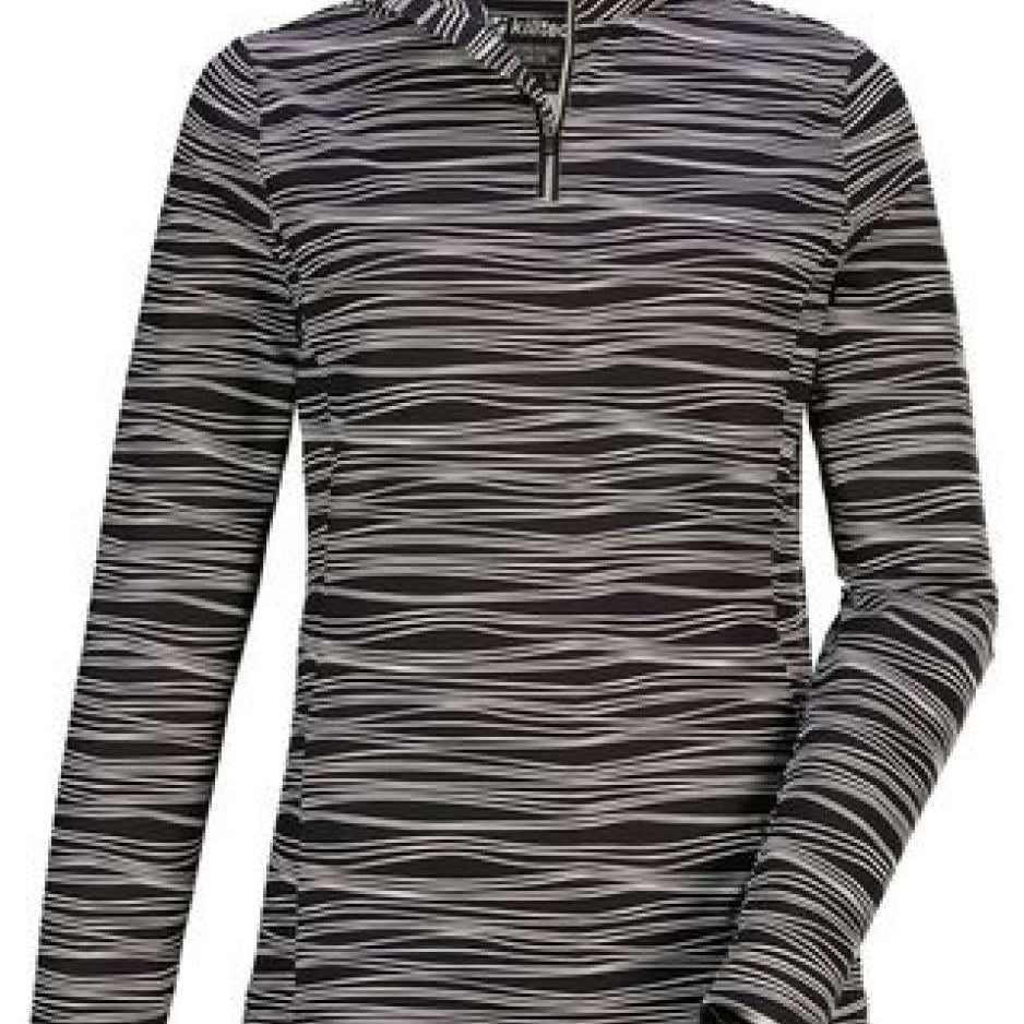 Killtec Ladies Powerstretch Print Shirt 2022 - A black and white striped shirt with a high collar, featuring a small zipper at the top.