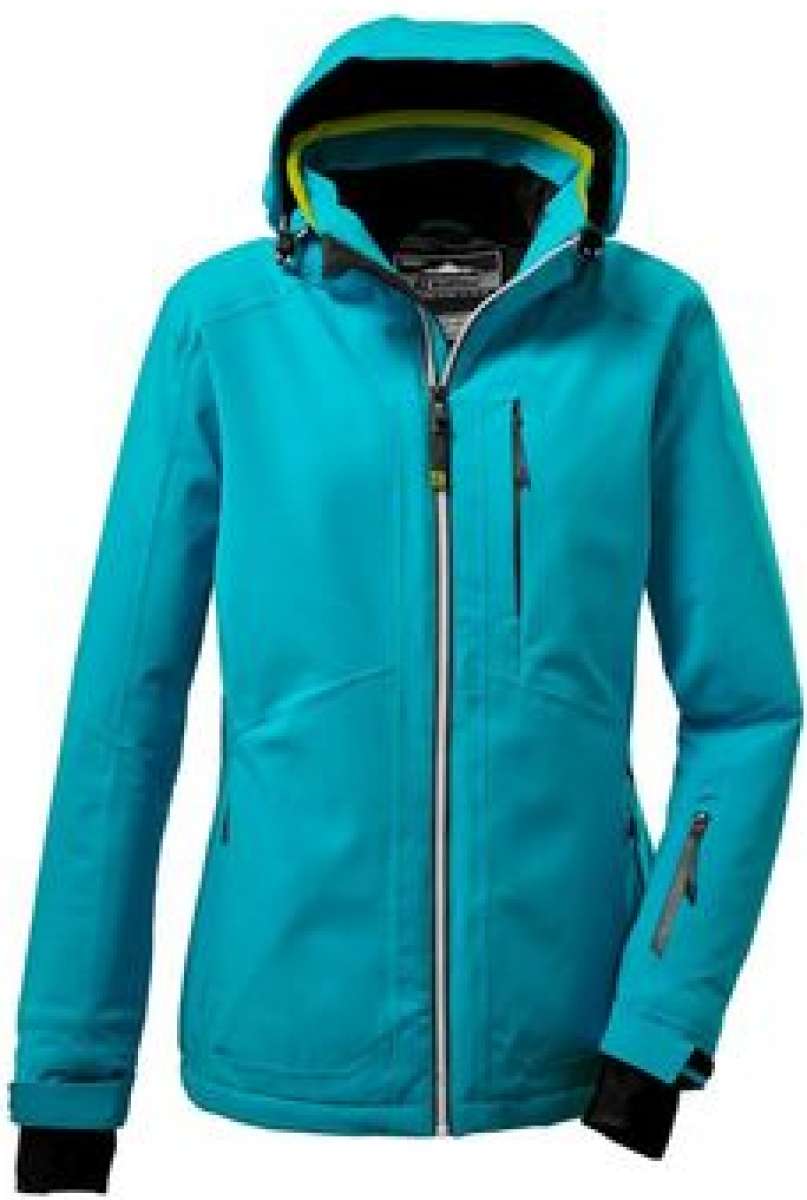 Killtec Ladies Savognin Insulated Jacket 2022 - A turquoise jacket with a hood, featuring black zippers and a white zipper pull on the front pocket.