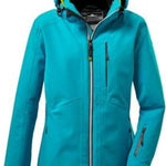 Killtec Ladies Savognin Insulated Jacket 2022 - A turquoise jacket with a hood, featuring black zippers and a white zipper pull on the front pocket.