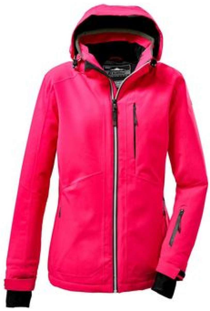 Killtec Ladies Savognin Insulated Jacket 2022 - A bright pink jacket with a hood, featuring black zippers and accents on the pockets.