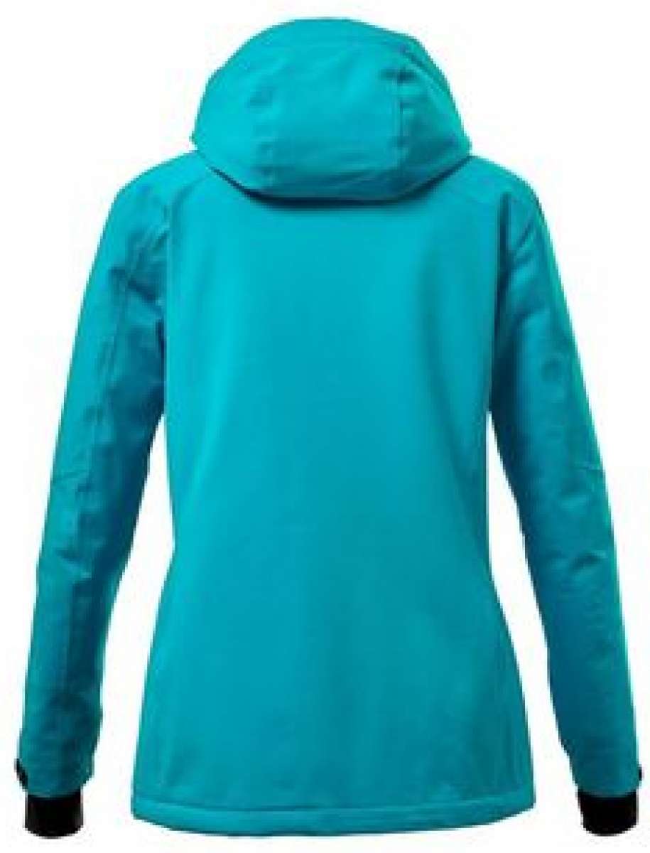 Killtec Ladies Savognin Insulated Jacket 2022 - A turquoise jacket with a hood, featuring black accents on the cuffs and zipper.
