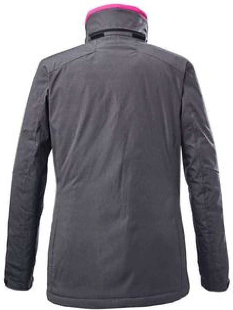 Killtec Ladies Savognin Insulated Solid Jacket 2022 - A dark grey jacket with a pink trim around the hood.