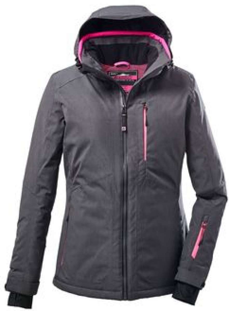 Killtec Ladies Savognin Insulated Solid Jacket 2022 - A dark grey jacket with a hood, featuring pink zippers and accents on the front zipper, cuffs, and interior lining.