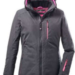 Killtec Ladies Savognin Insulated Solid Jacket 2022 - A dark grey jacket with a hood, featuring pink zippers and accents on the front zipper, cuffs, and interior lining.