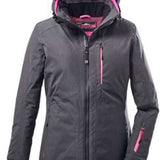 Killtec Ladies Savognin Insulated Solid Jacket 2022 - A dark grey jacket with a hood, featuring pink zippers and accents on the front zipper, cuffs, and interior lining.