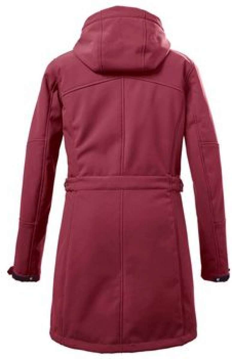Killtec Ladies Softshell Parka Zip Hood - A pink parka with a zip hood, featuring two chest pockets and a belt around the waist.