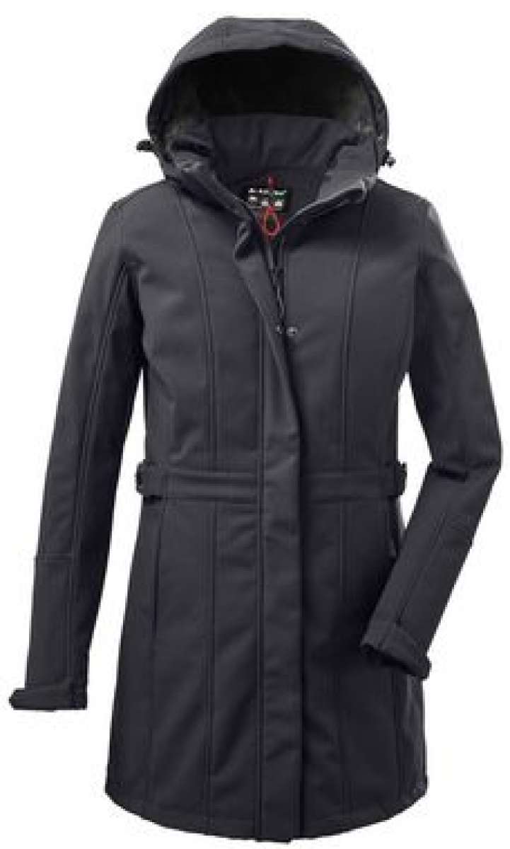 Killtec Ladies Softshell Parka Zip Hood - A black parka with a zippered hood, featuring a softshell material and a classic design.