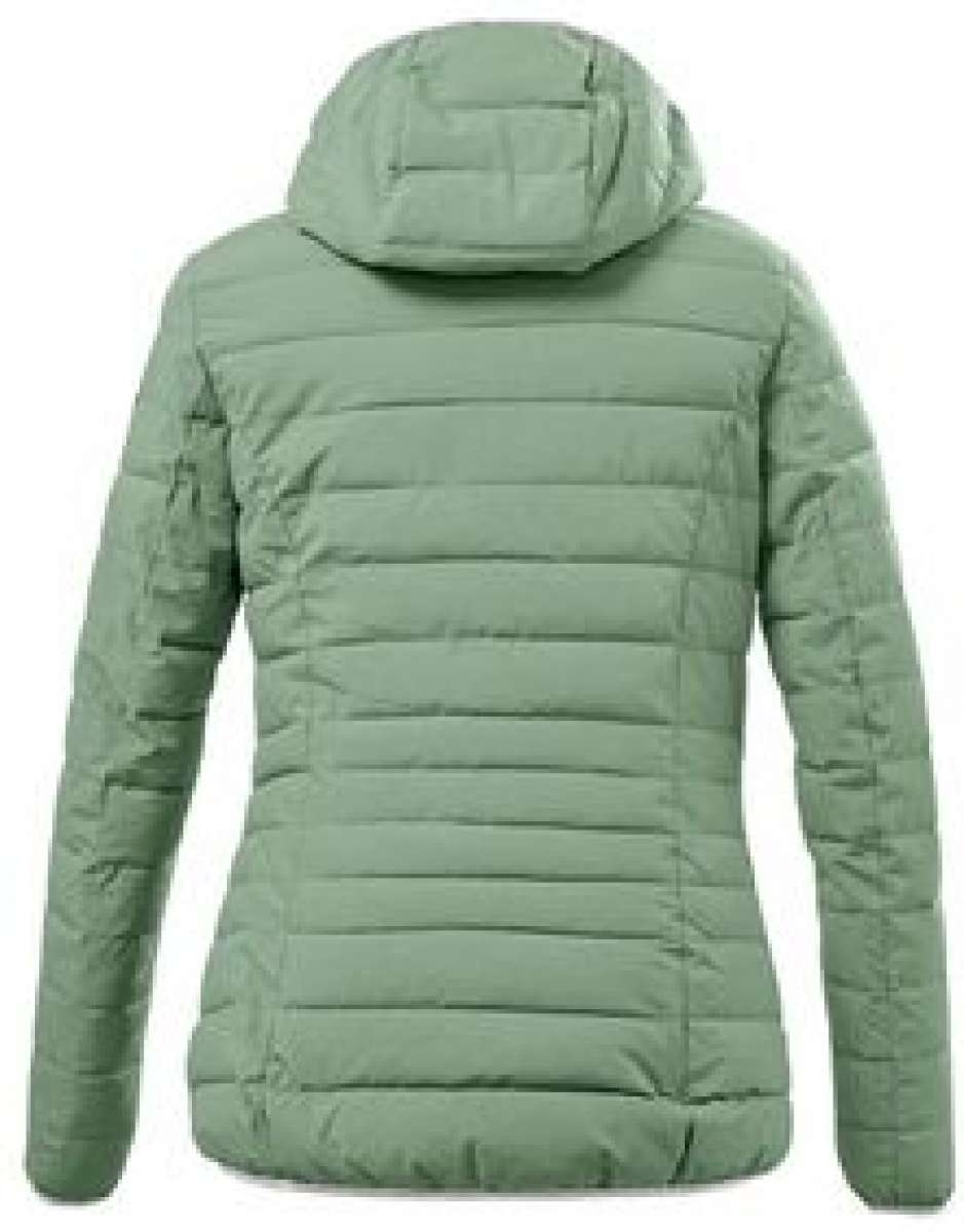 Killtec Ladies Uyaka Giga Insulated Jacket 2024 - A sage green down-filled puffer jacket with a hood, featuring horizontal quilting on the back and sleeves.