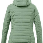 Killtec Ladies Uyaka Giga Insulated Jacket 2024 - A sage green down-filled puffer jacket with a hood, featuring horizontal quilting on the back and sleeves.