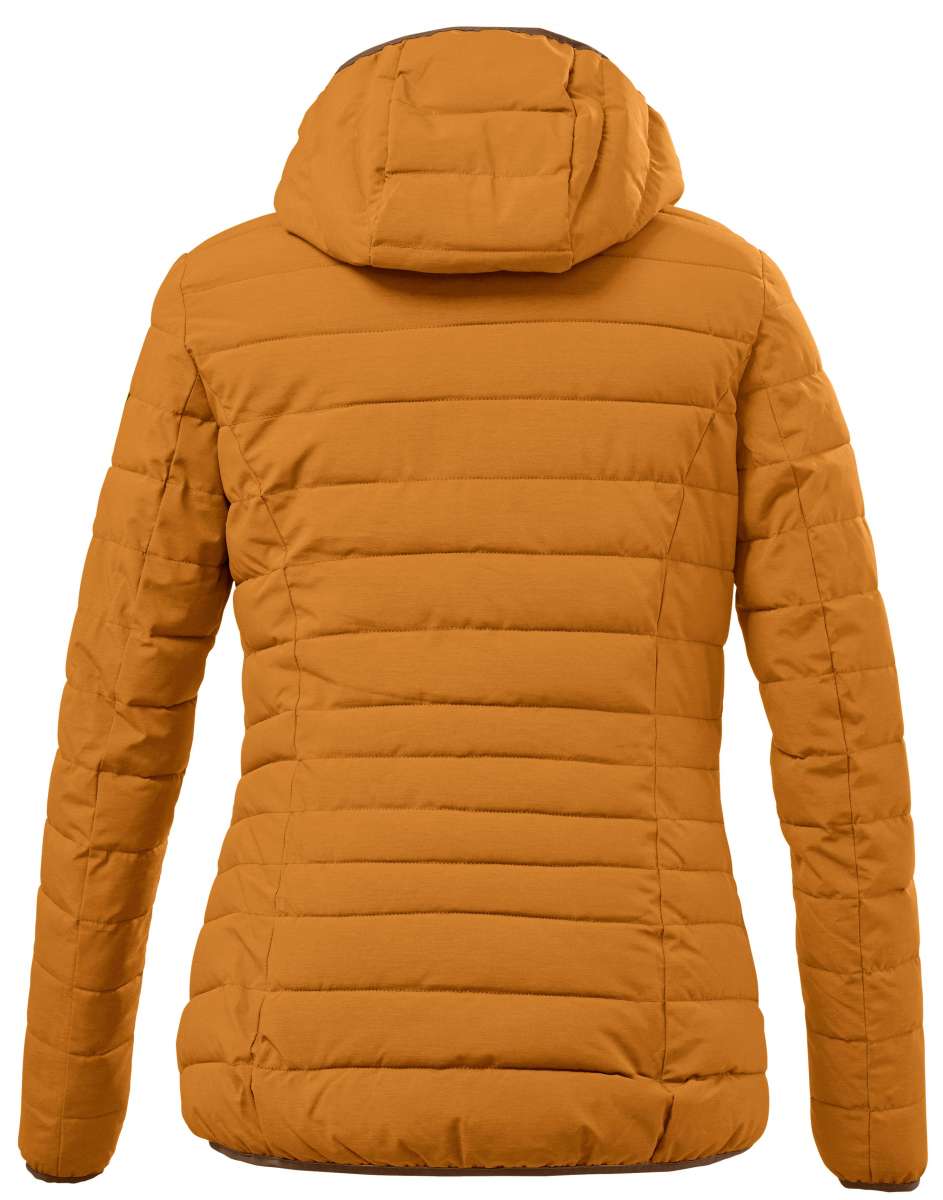 Killtec Ladies Uyaka Giga Insulated Jacket 2024 - A tan-colored jacket with a hood, featuring horizontal quilting on the back and sleeves.