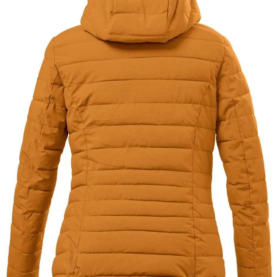 Killtec Ladies Uyaka Giga Insulated Jacket 2024 - A tan-colored jacket with a hood, featuring horizontal quilting on the back and sleeves.