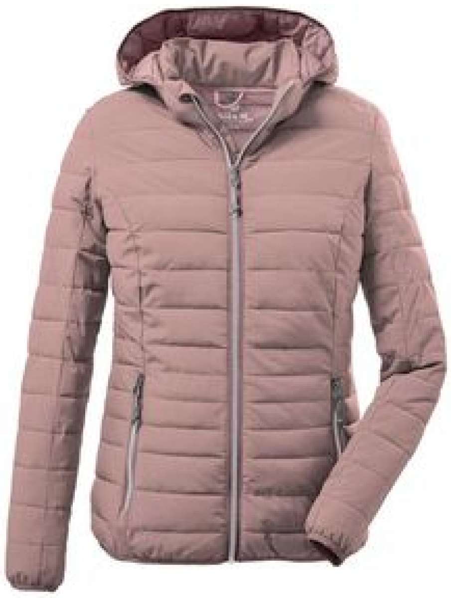 Killtec Ladies Uyaka Giga Insulated Jacket - A dusty rose-colored down-filled jacket with horizontal quilting and a zippered front, featuring a hood and two side pockets.