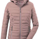 Killtec Ladies Uyaka Giga Insulated Jacket - A dusty rose-colored down-filled jacket with horizontal quilting and a zippered front, featuring a hood and two side pockets.