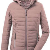 Killtec Ladies Uyaka Giga Insulated Jacket - A dusty rose-colored down-filled jacket with horizontal quilting and a zippered front, featuring a hood and two side pockets.