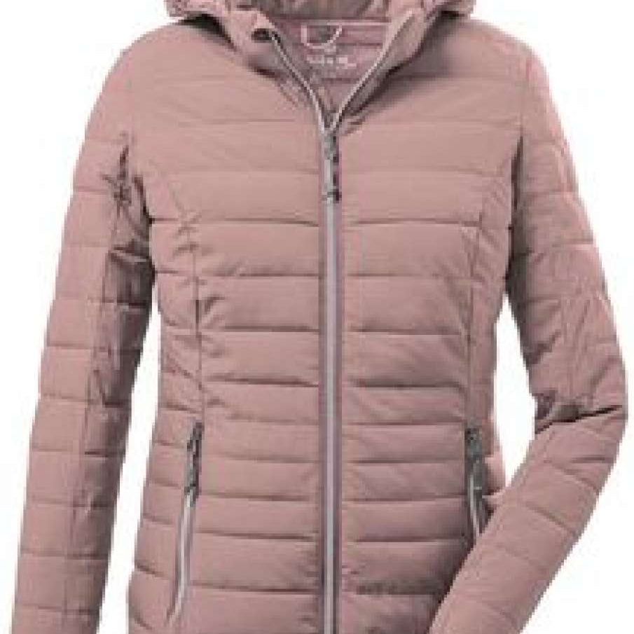 Killtec Ladies Uyaka Giga Insulated Jacket - A dusty rose-colored down-filled jacket with horizontal quilting and a zippered front, featuring a hood and two side pockets.