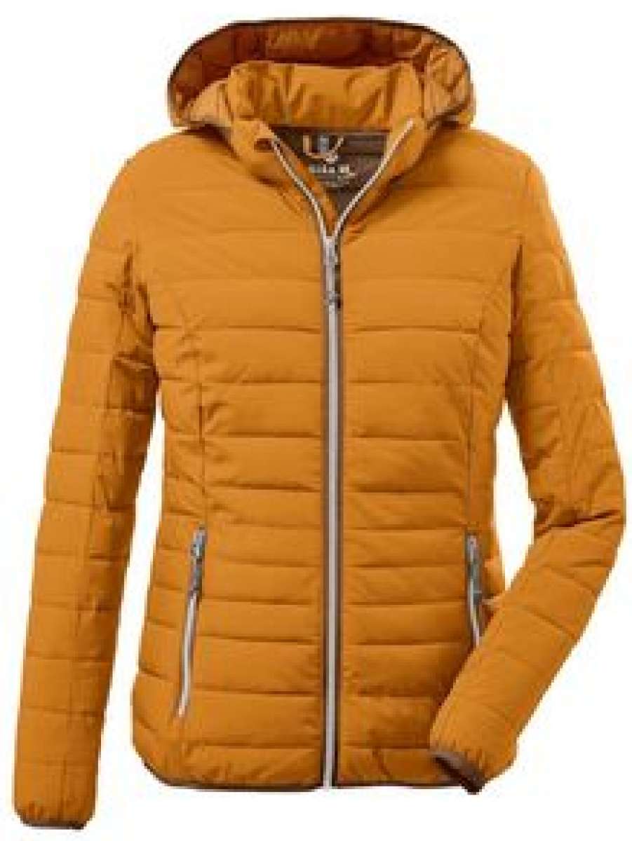 Killtec Ladies Uyaka Giga Insulated Jacket 2024 - A tan-colored jacket with a hood, featuring horizontal quilting and two zippered pockets on either side.