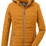 Killtec Ladies Uyaka Giga Insulated Jacket 2024 - A tan-colored jacket with a hood, featuring horizontal quilting and two zippered pockets on either side.