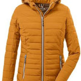 Killtec Ladies Uyaka Giga Insulated Jacket 2024 - A tan-colored jacket with a hood, featuring horizontal quilting and two zippered pockets on either side.