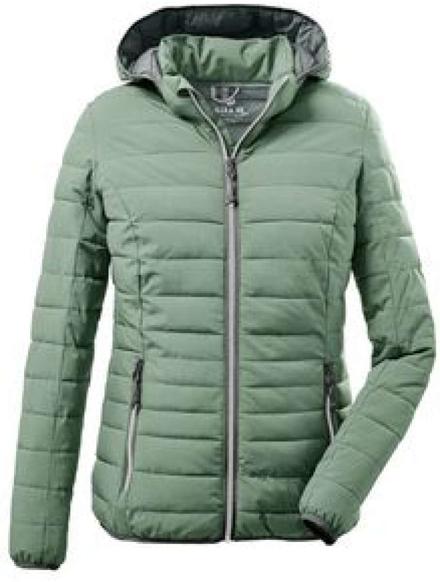 Killtec Ladies Uyaka Giga Insulated Jacket - A sage green down-filled jacket with a hood, featuring a zip closure and two front pockets.