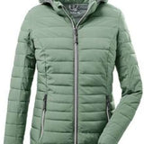 Killtec Ladies Uyaka Giga Insulated Jacket - A sage green down-filled jacket with a hood, featuring a zip closure and two front pockets.