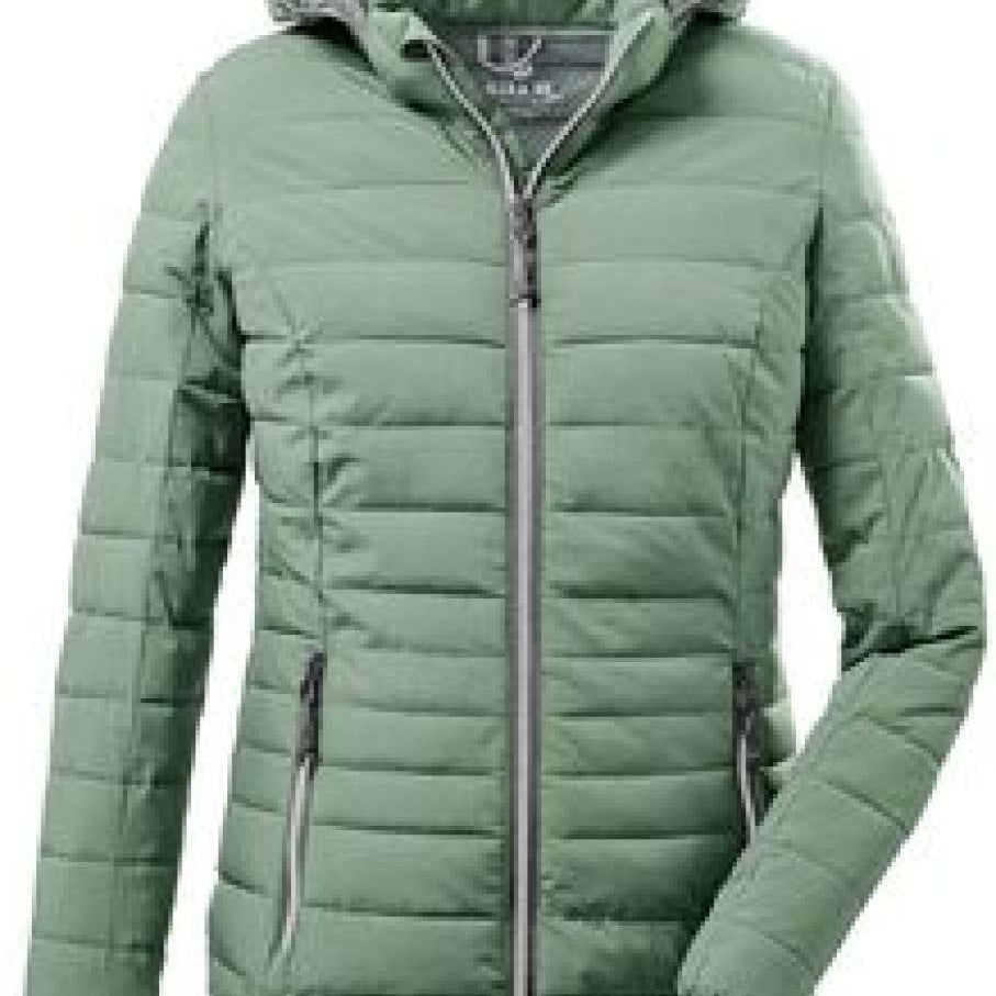 Killtec Ladies Uyaka Giga Insulated Jacket - A sage green down-filled jacket with a hood, featuring a zip closure and two front pockets.