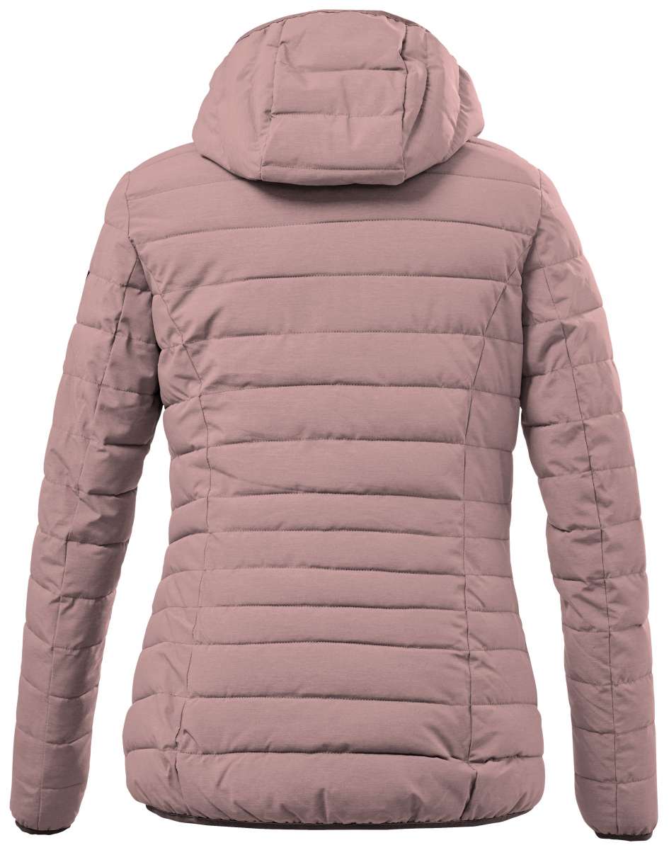 Killtec Ladies Uyaka Giga Insulated Jacket 2024 - A dusty rose-colored down-filled puffer jacket with a hood, featuring horizontal quilting and zippered pockets on both sides.