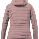 Killtec Ladies Uyaka Giga Insulated Jacket 2024 - A dusty rose-colored down-filled puffer jacket with a hood, featuring horizontal quilting and zippered pockets on both sides.