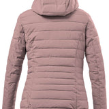 Killtec Ladies Uyaka Giga Insulated Jacket 2024 - A dusty rose-colored down-filled puffer jacket with a hood, featuring horizontal quilting and zippered pockets on both sides.