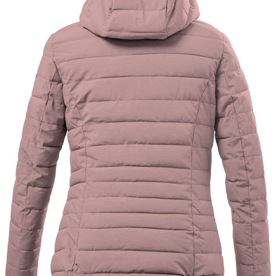 Killtec Ladies Uyaka Giga Insulated Jacket 2024 - A dusty rose-colored down-filled puffer jacket with a hood, featuring horizontal quilting and zippered pockets on both sides.