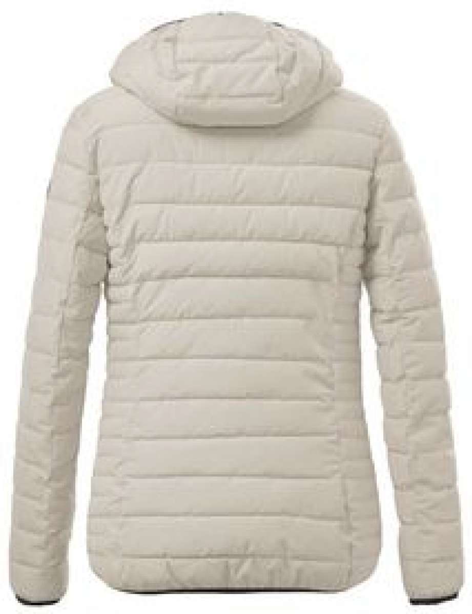 Killtec Ladies Ventoso Quilted Jacket - A cream-colored quilted jacket with a hood, featuring horizontal quilting and zippered pockets on either side.