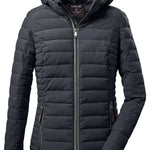 Killtec Ladies Ventoso Quilted Jacket 2022 - A quilted jacket with a hood, featuring a zipper closure and two zippered pockets on either side. The jacket is primarily black in color.