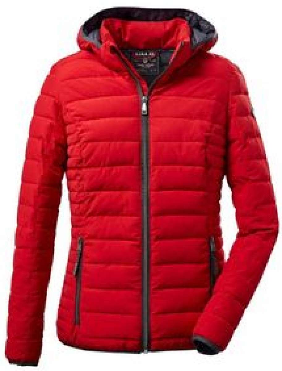 Killtec Ladies Ventoso Quilted Jacket - A red quilted jacket with a hood, featuring horizontal quilting and two zippered pockets on either side.