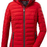 Killtec Ladies Ventoso Quilted Jacket - A red quilted jacket with a hood, featuring horizontal quilting and two zippered pockets on either side.