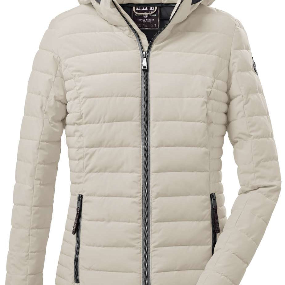 Killtec Ladies Ventoso Quilted Jacket - A cream-colored quilted jacket with a hood, featuring horizontal quilting and two zippered pockets on either side.