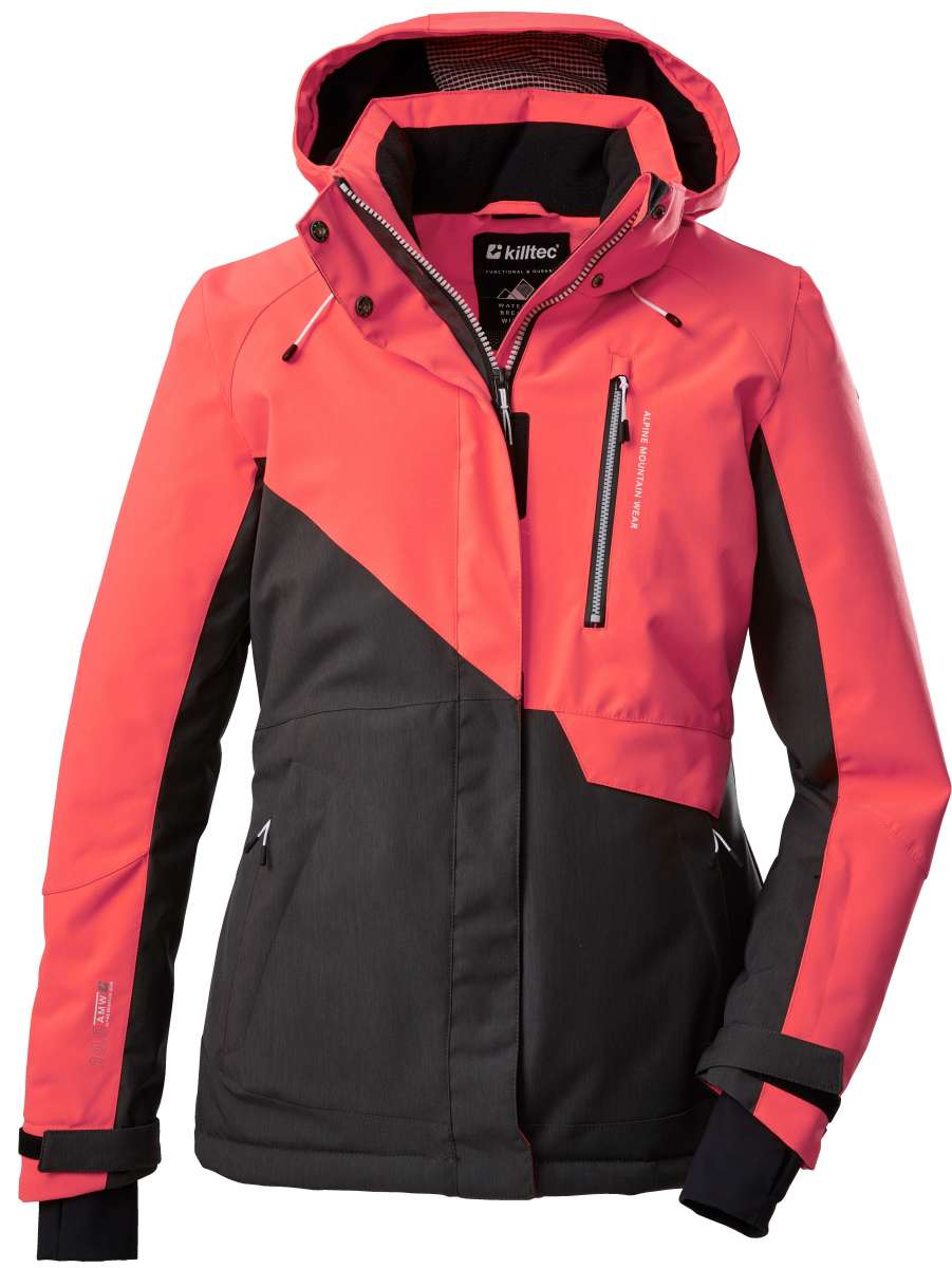 Killtec Women's KSW 144 Insulated Color Block Jacket 2022-2023 - A coral and black color-blocked jacket with a hood, featuring white stitching on the front zipper.