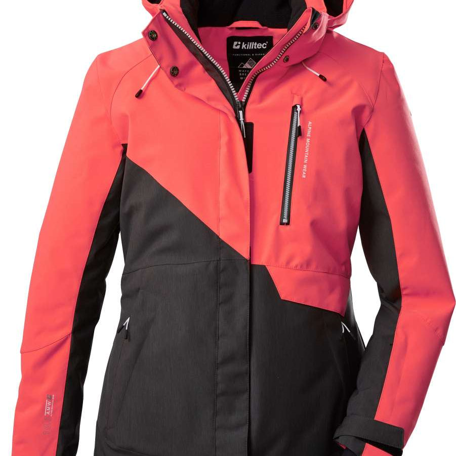Killtec Women's KSW 144 Insulated Color Block Jacket 2022-2023 - A coral and black color-blocked jacket with a hood, featuring white stitching on the front zipper.