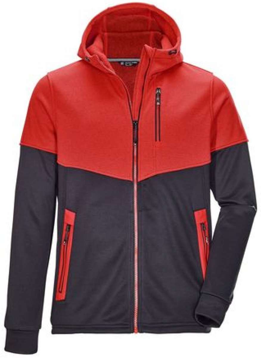 Killtec Powerstretch Jacket 2022 - A red, black, and grey jacket with a hood, featuring two zippered pockets on the front.